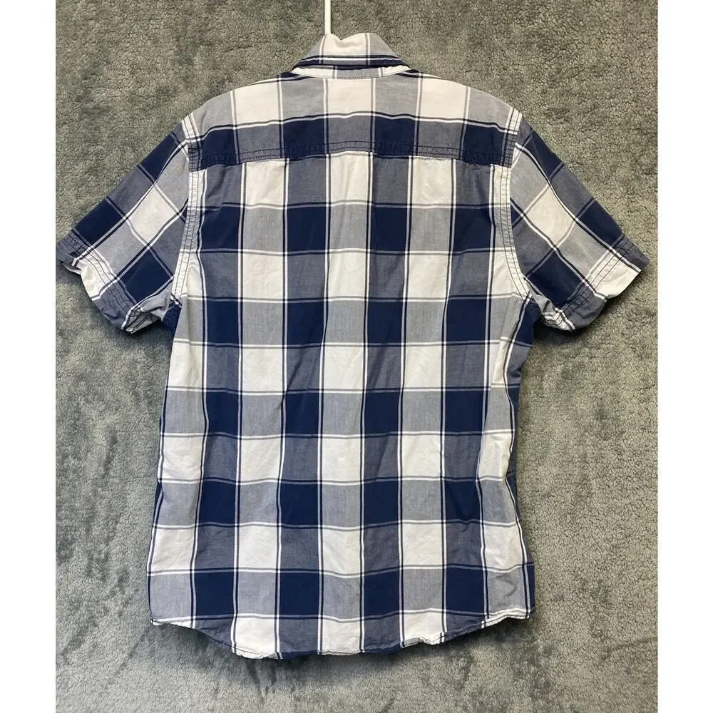 Abercrombie & Fitch Boys Muscle Button Up Kids Size M Plaid Short Sleeve, Blue